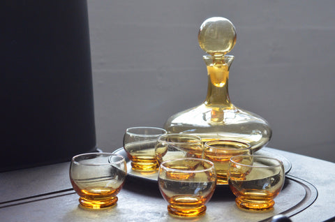 vintage amber cordial glass bar set